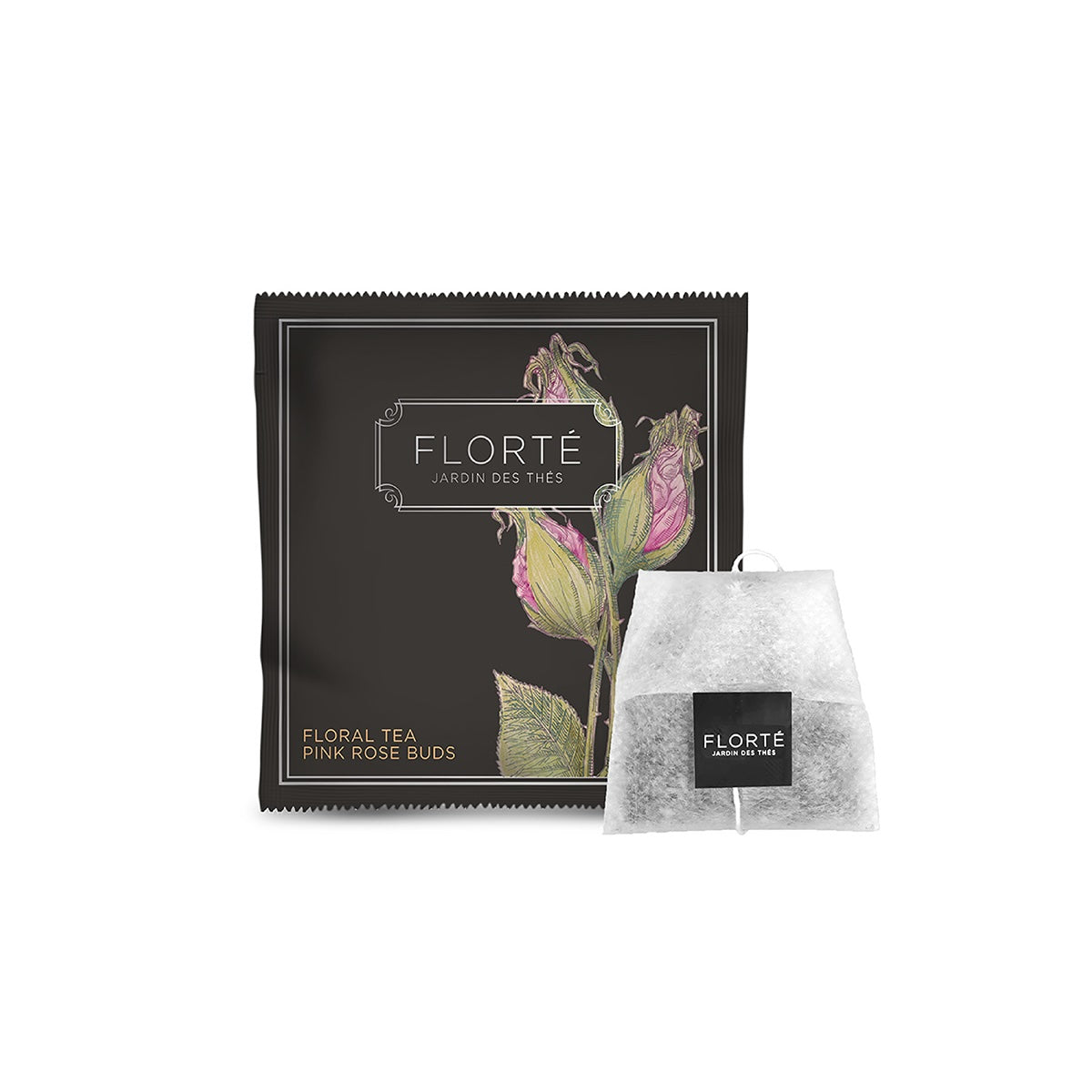 FLORTE floral tea bag box with pink rose bud design and 15 tea sachets