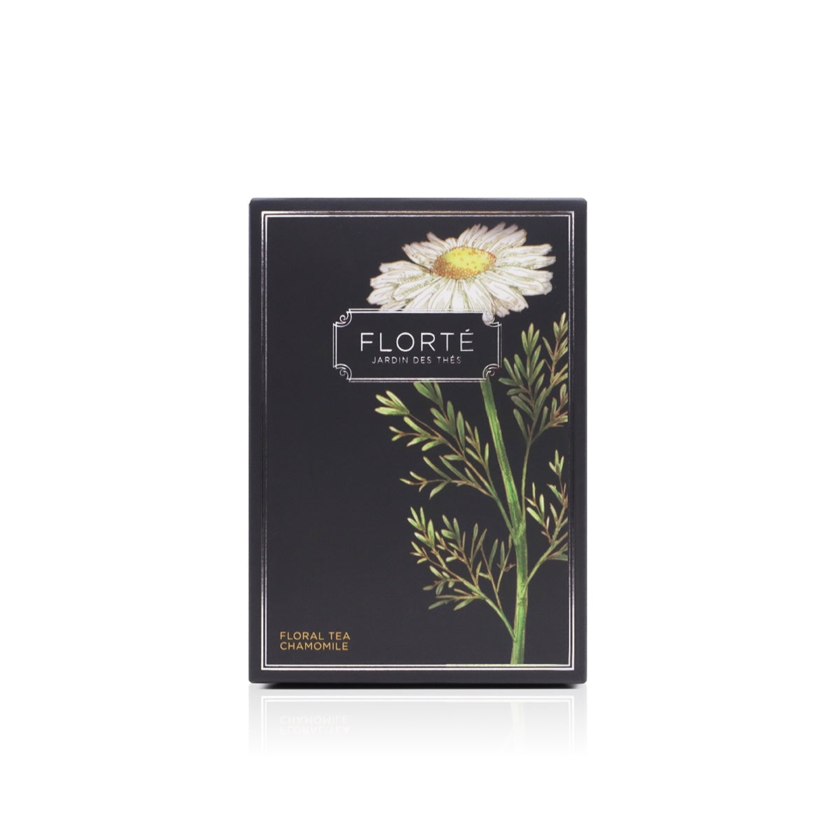 FLORTE chamomile floral tea box with black packaging and flower illustration