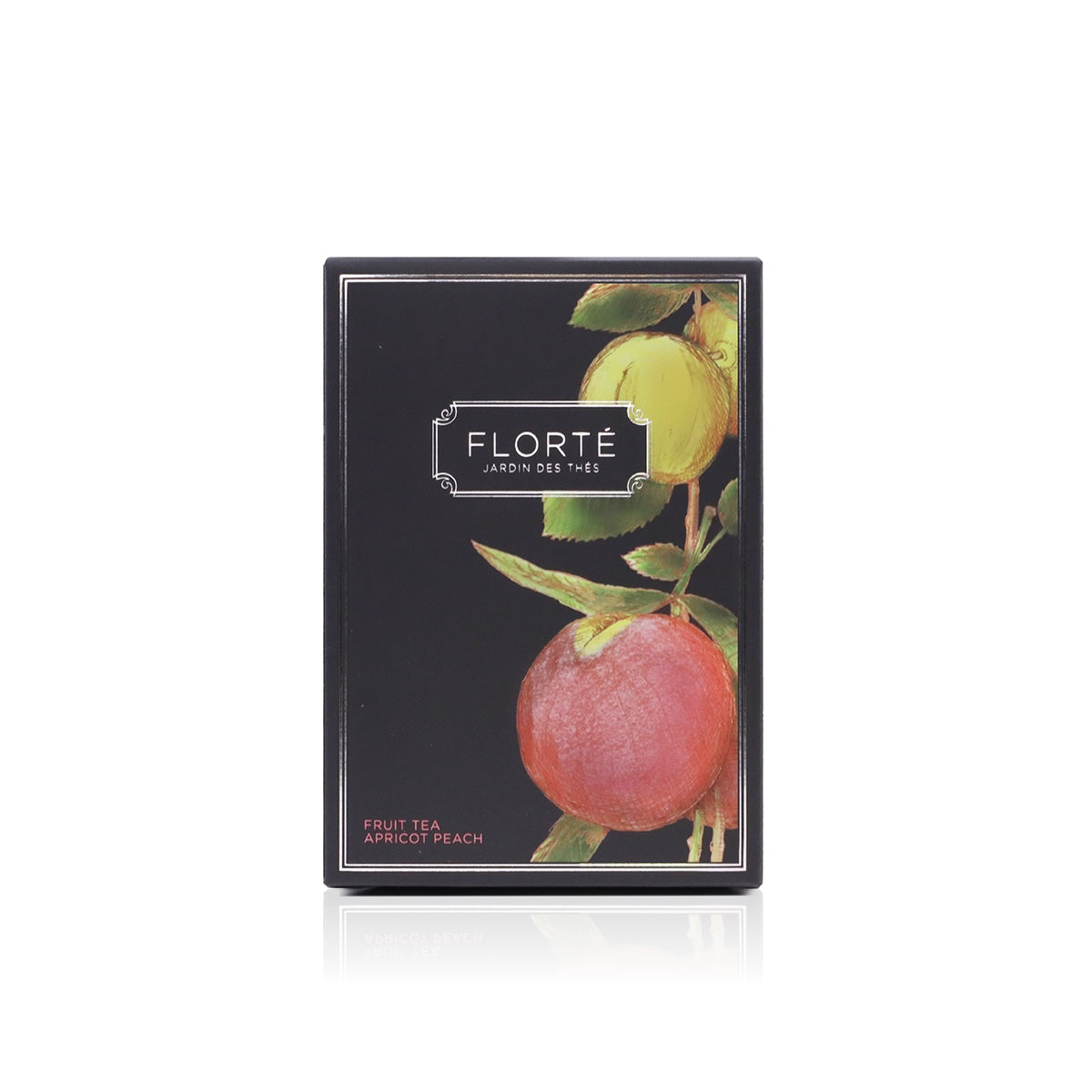 FLORTE apricot peach fruit tea bag box with dark label and fruit illustration