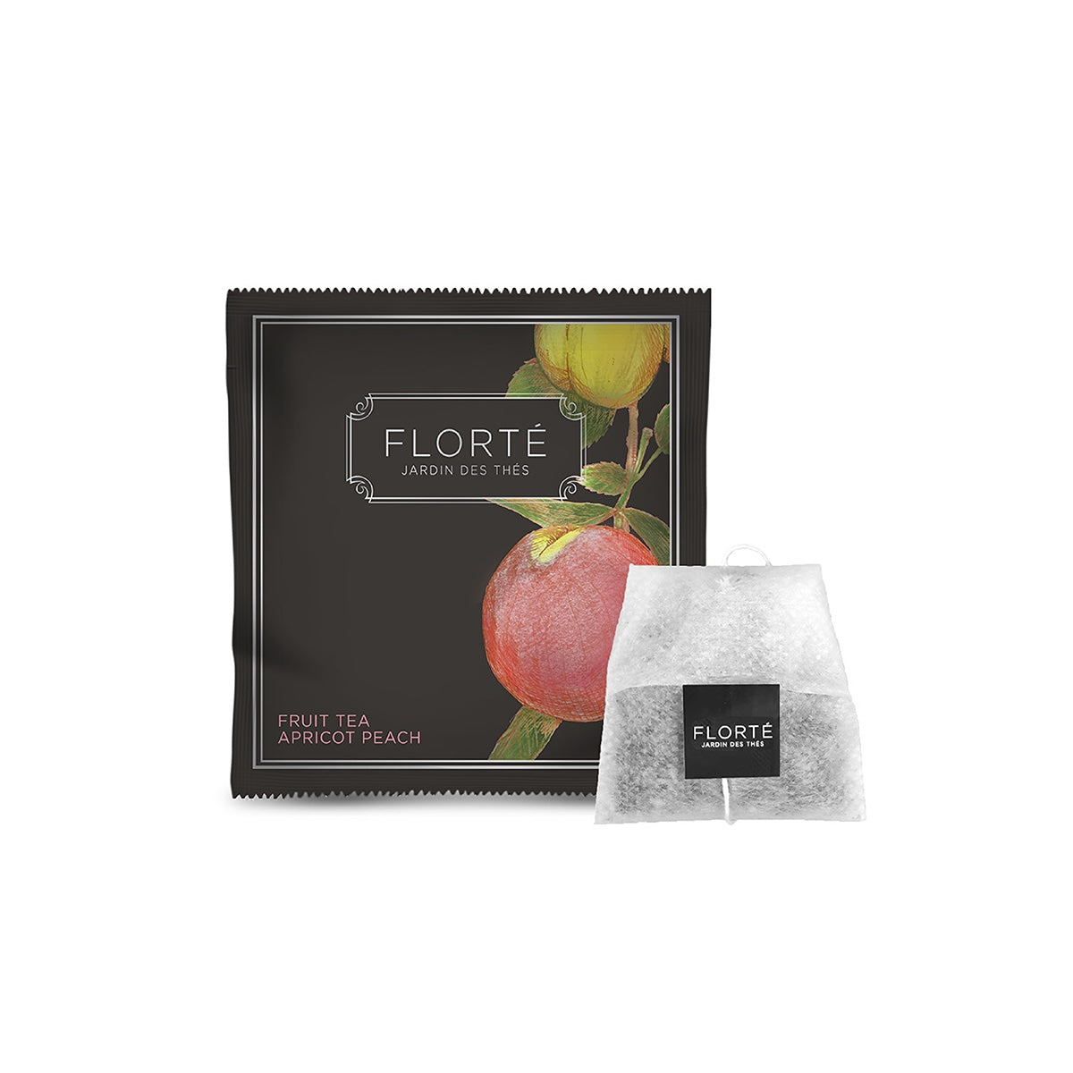 FLORTE apricot peach fruit tea bag box with tea sachets beside it