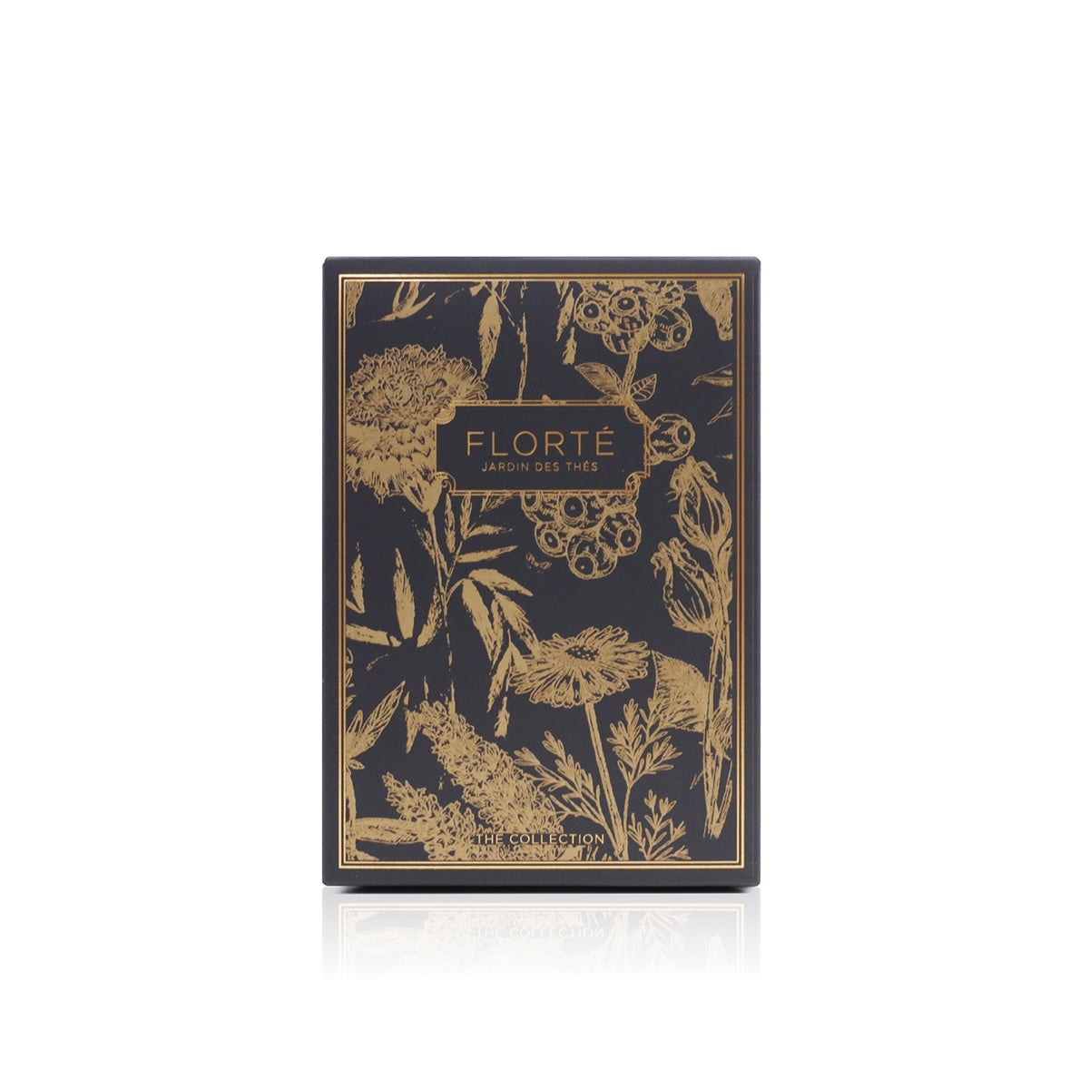 FLORTE tea bag collection box with dark navy and gold botanical artwork