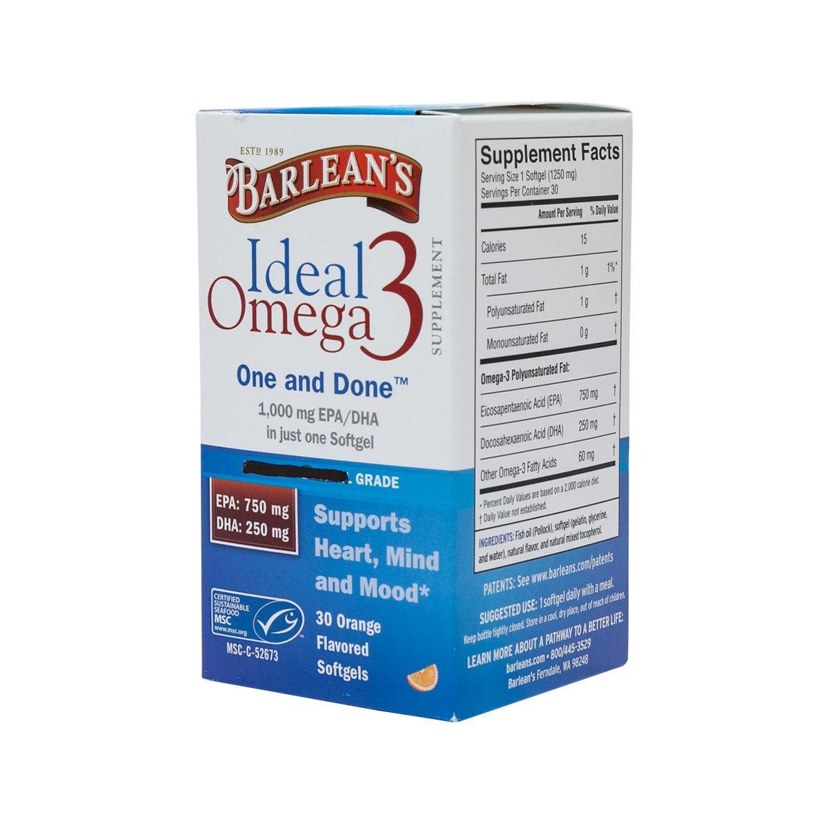 Omega-3 softgel supplement box side panel with Supplement Facts and serving info