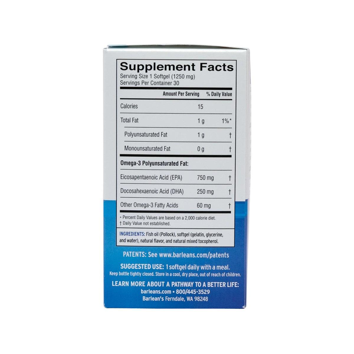 Omega-3 softgel supplement box back panel with Supplement Facts label