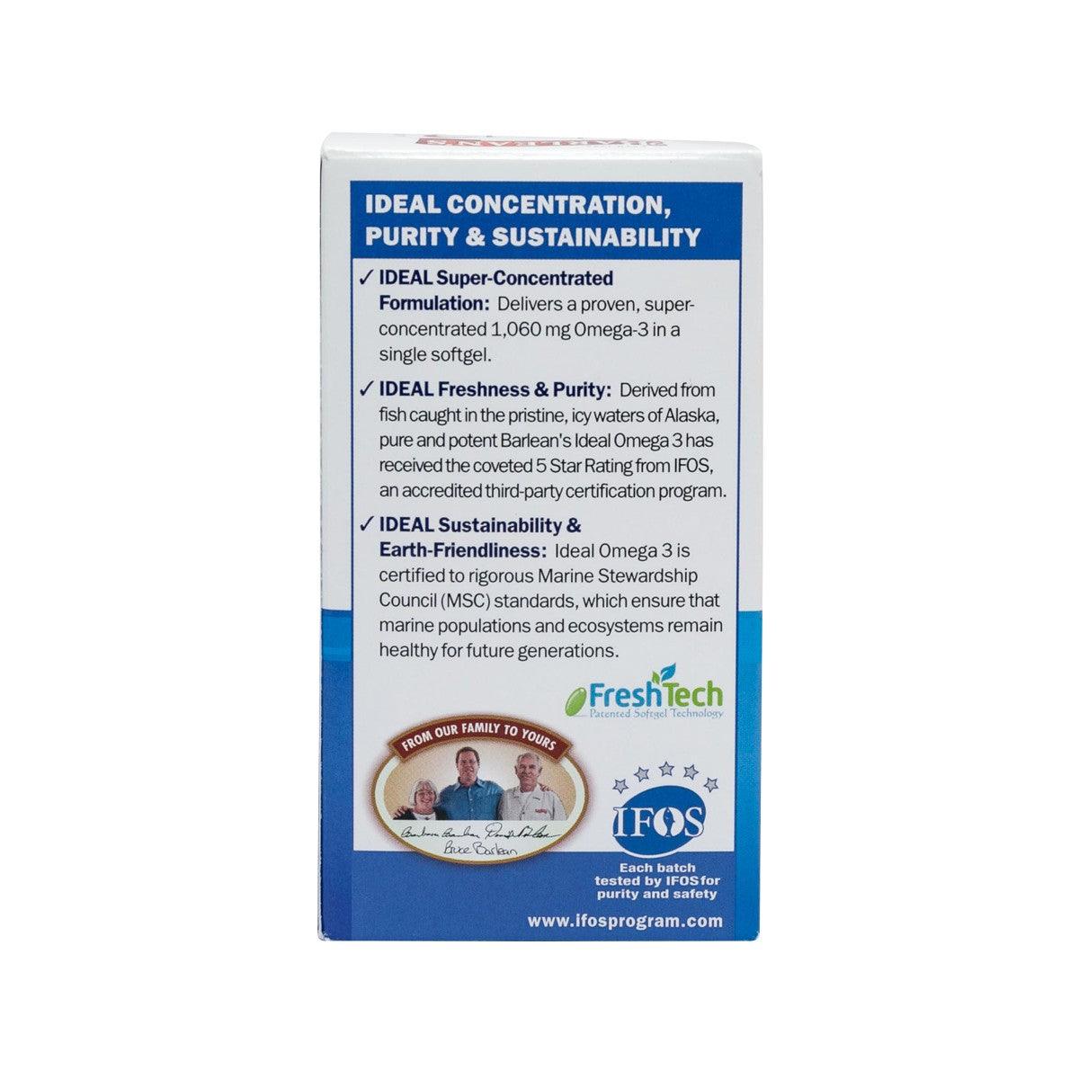 Omega-3 softgel supplement box back panel with sustainability and purification icons