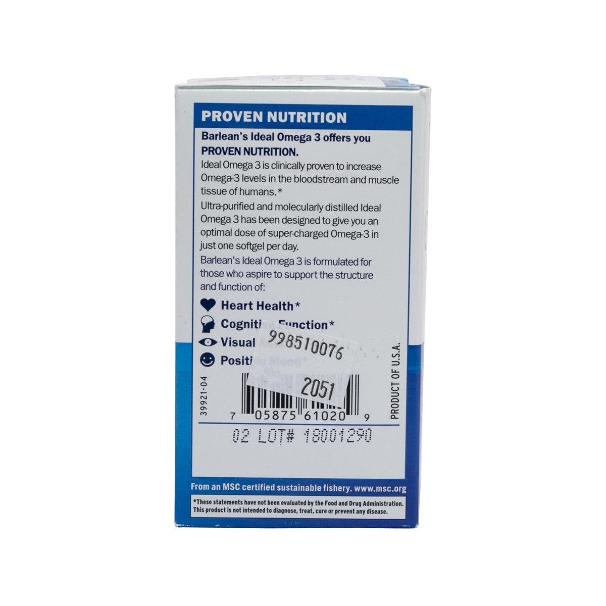 Omega-3 softgel supplement box back panel with Proven Nutrition, barcode and lot code