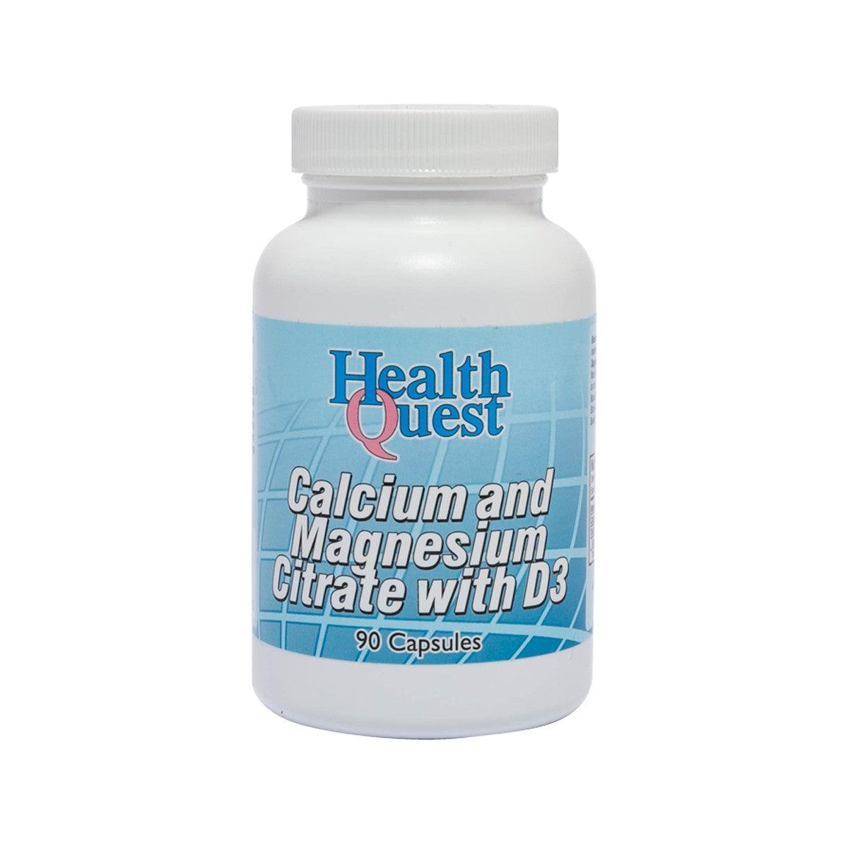 Supplement bottle with blue Health Quest label: Calcium & Magnesium Citrate with D3, 90 capsules