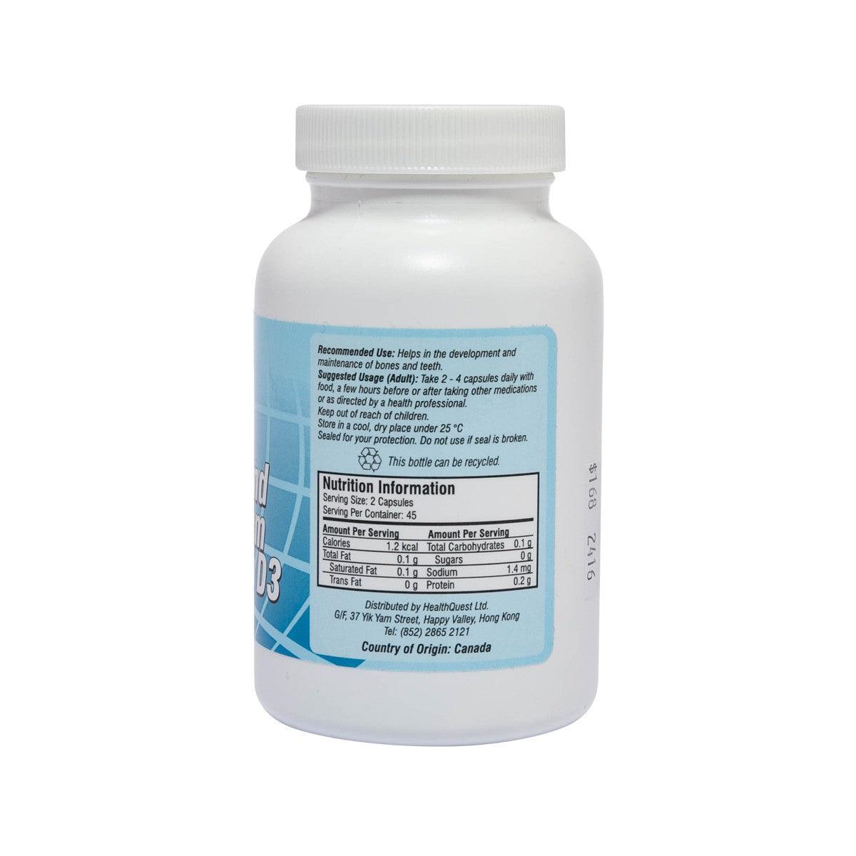 Supplement bottle back label with Nutrition Facts and serving info, Health Quest Calcium & Magnesium D3