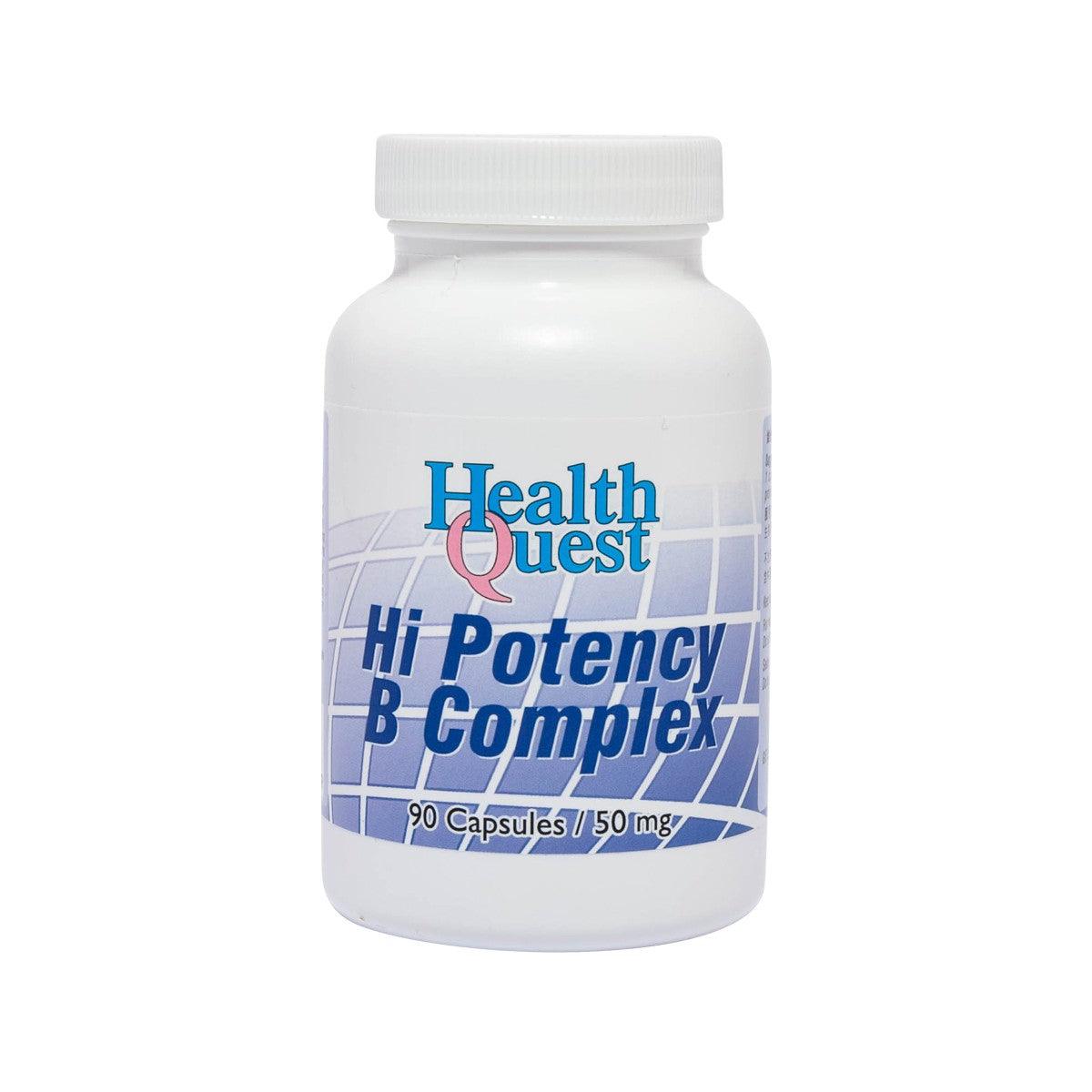 B Complex dietary supplement bottle with blue front label, 90 capsules