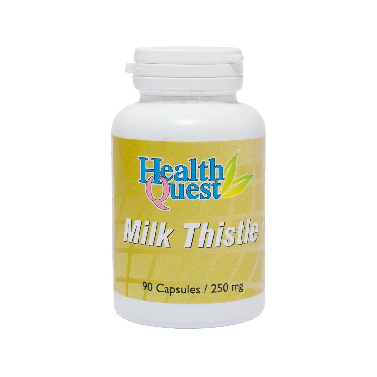 Milk thistle supplement bottle with front label, 90 capsules, 250 mg