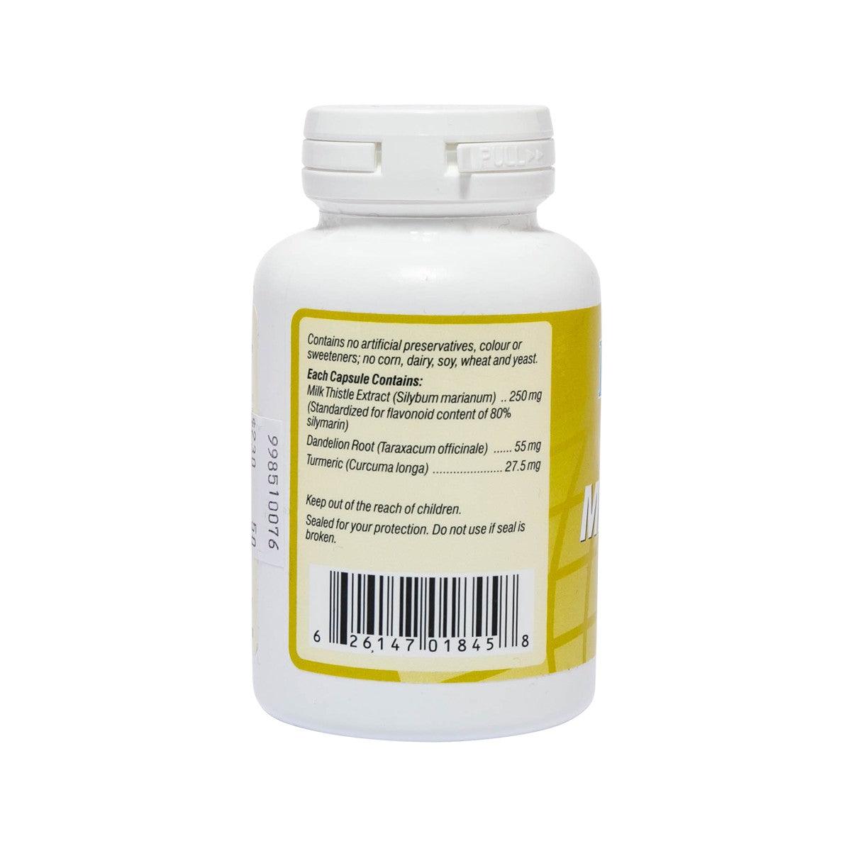 Milk thistle supplement bottle back label with ingredients and barcode, 90 capsules