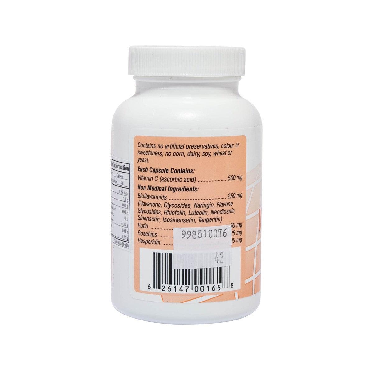 HEALTH QUEST Vita-Health Vitamin C bottle, back label with ingredients and nutrition