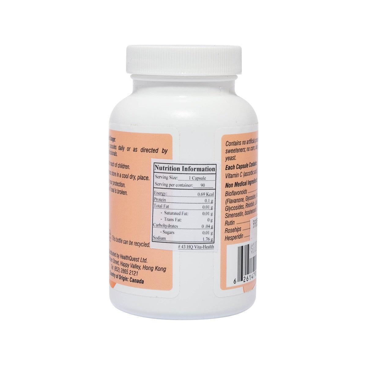 HEALTH QUEST Vita-Health Vitamin C bottle, side label with nutrition information