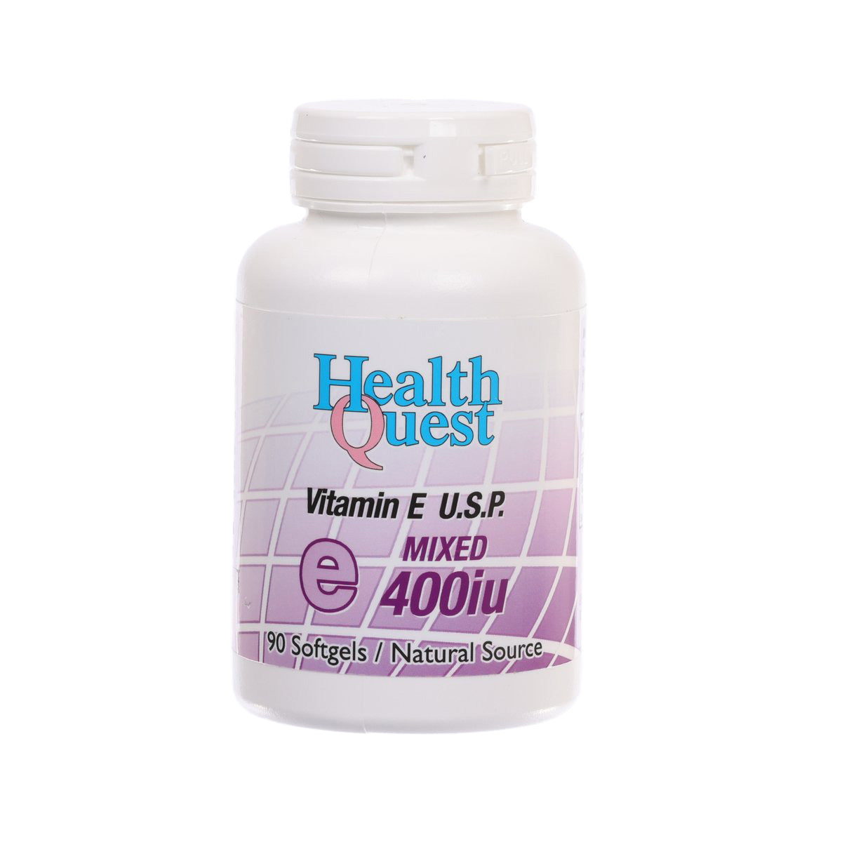 Vitamin E softgels bottle with Health Quest label, 400 IU, 90 softgels