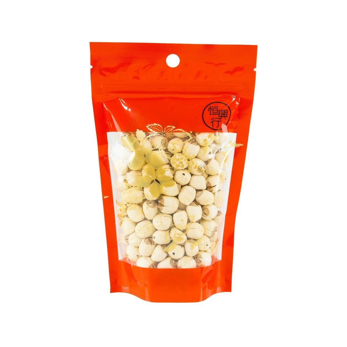 Lotus seed snack, pale cream seeds in a red resealable stand-up pouch