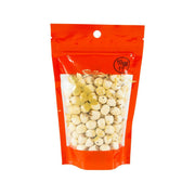 Lotus seed snack, pale cream seeds in a red resealable stand-up pouch