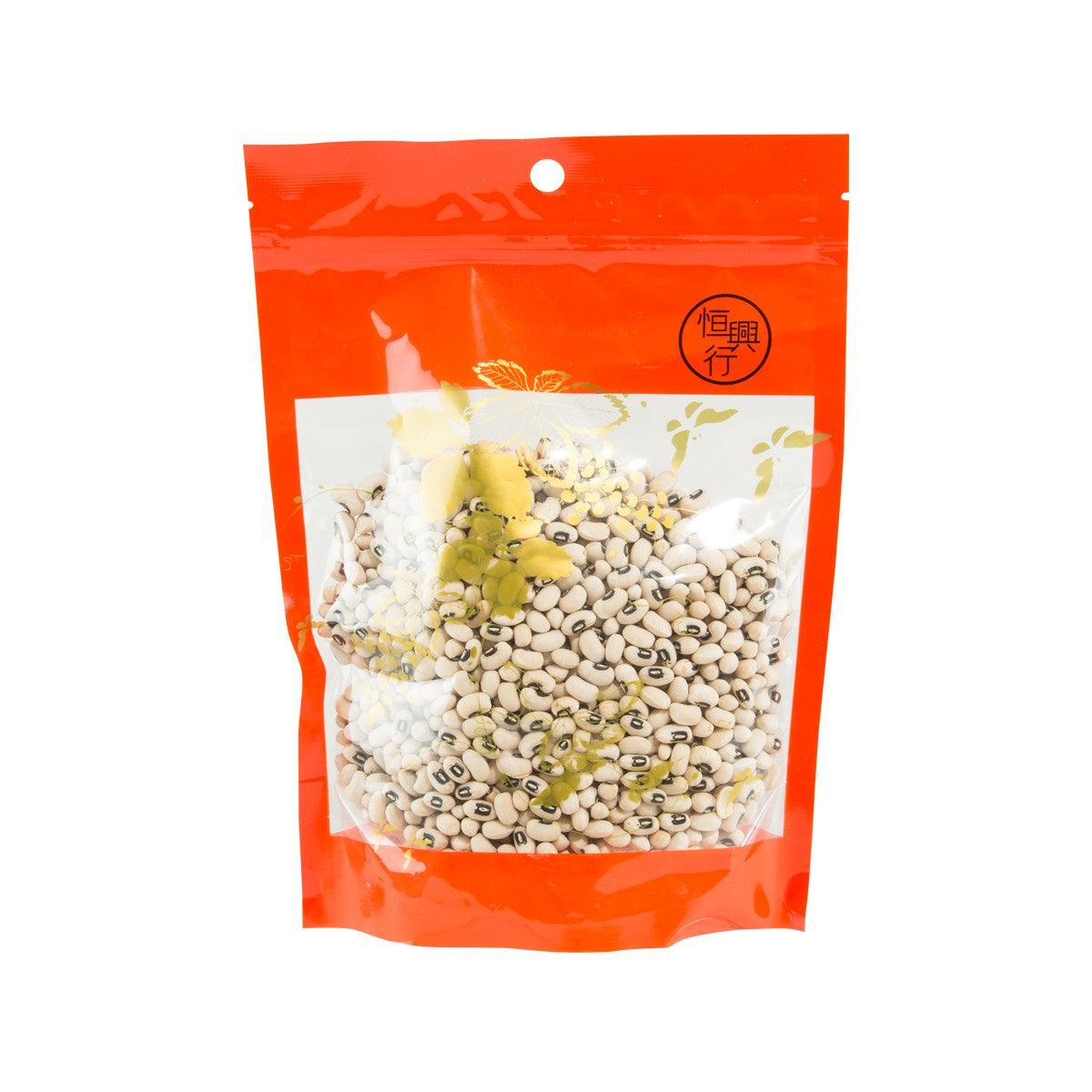Black-eyed pea snack bag with clear window, 500g pack, orange pouch