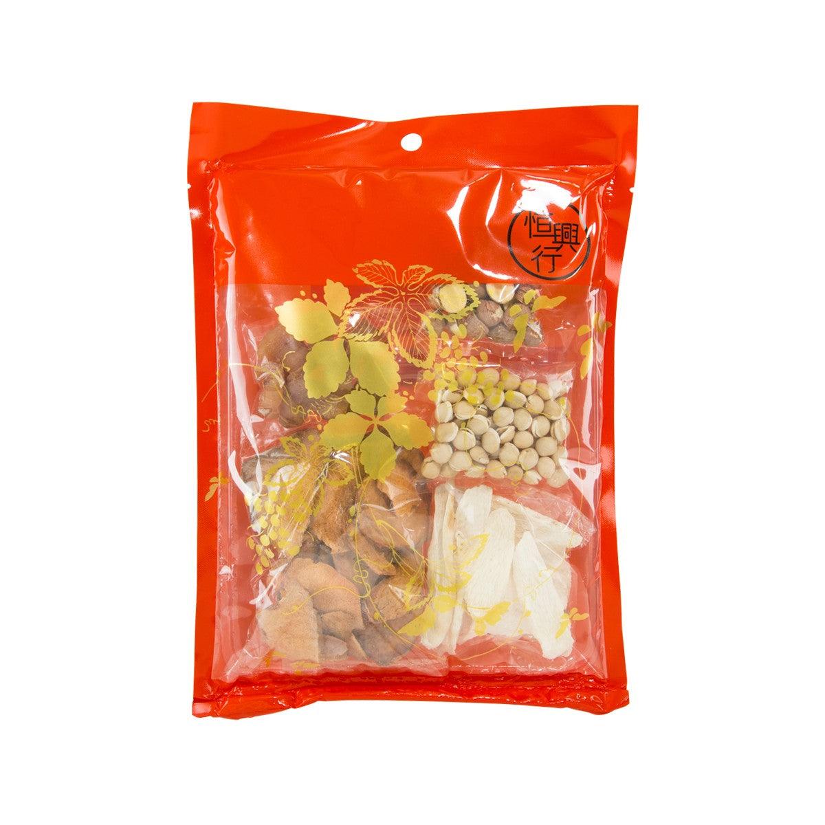 Herbal soup ingredient pack: red bag with mixed dried roots and beans
