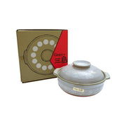 Ceramic donabe pot with lid, light gray floral pattern, 18 cm.