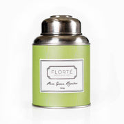 Green rooibos tea tin with silver lid and label front, 140 g loose tea container