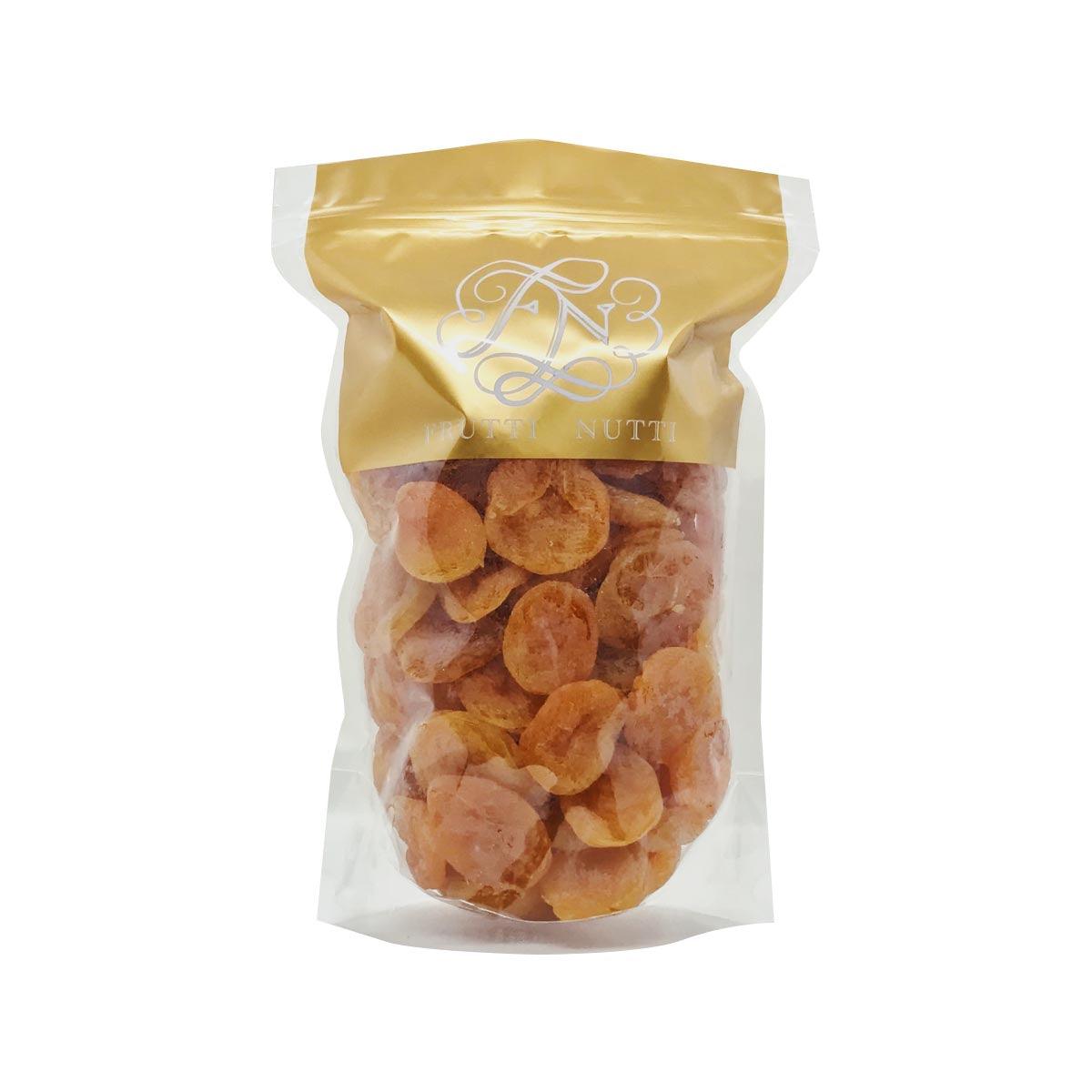 FRUTTI NUTTI dried apricots in clear resealable bag, orange dried halves
