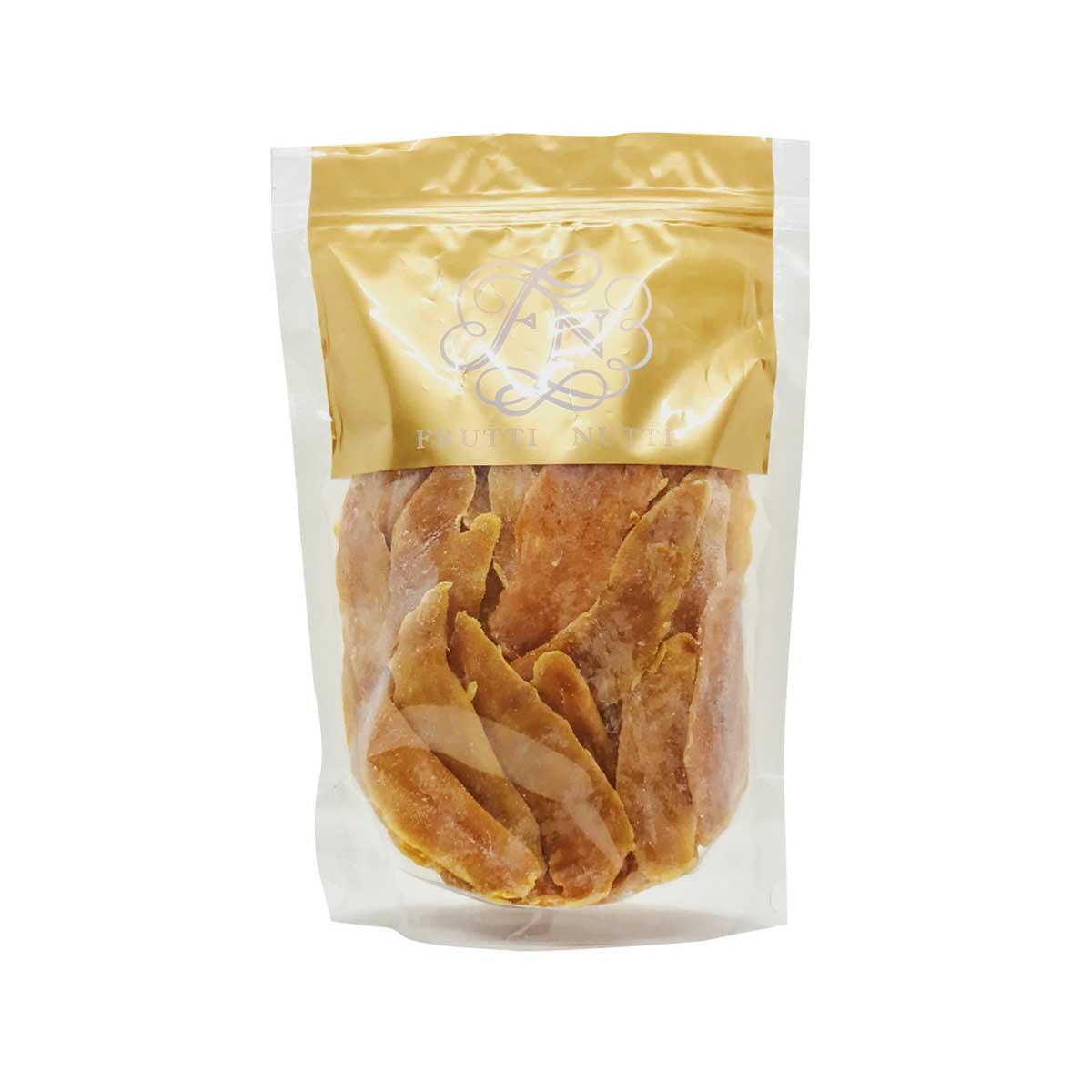 Dried mango strips in a resealable pouch, golden-brown pieces