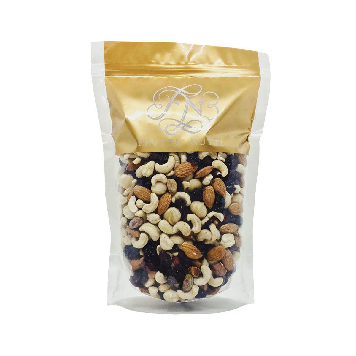 Dried berries and nuts mix in foil pouch, assorted cashews and raisins