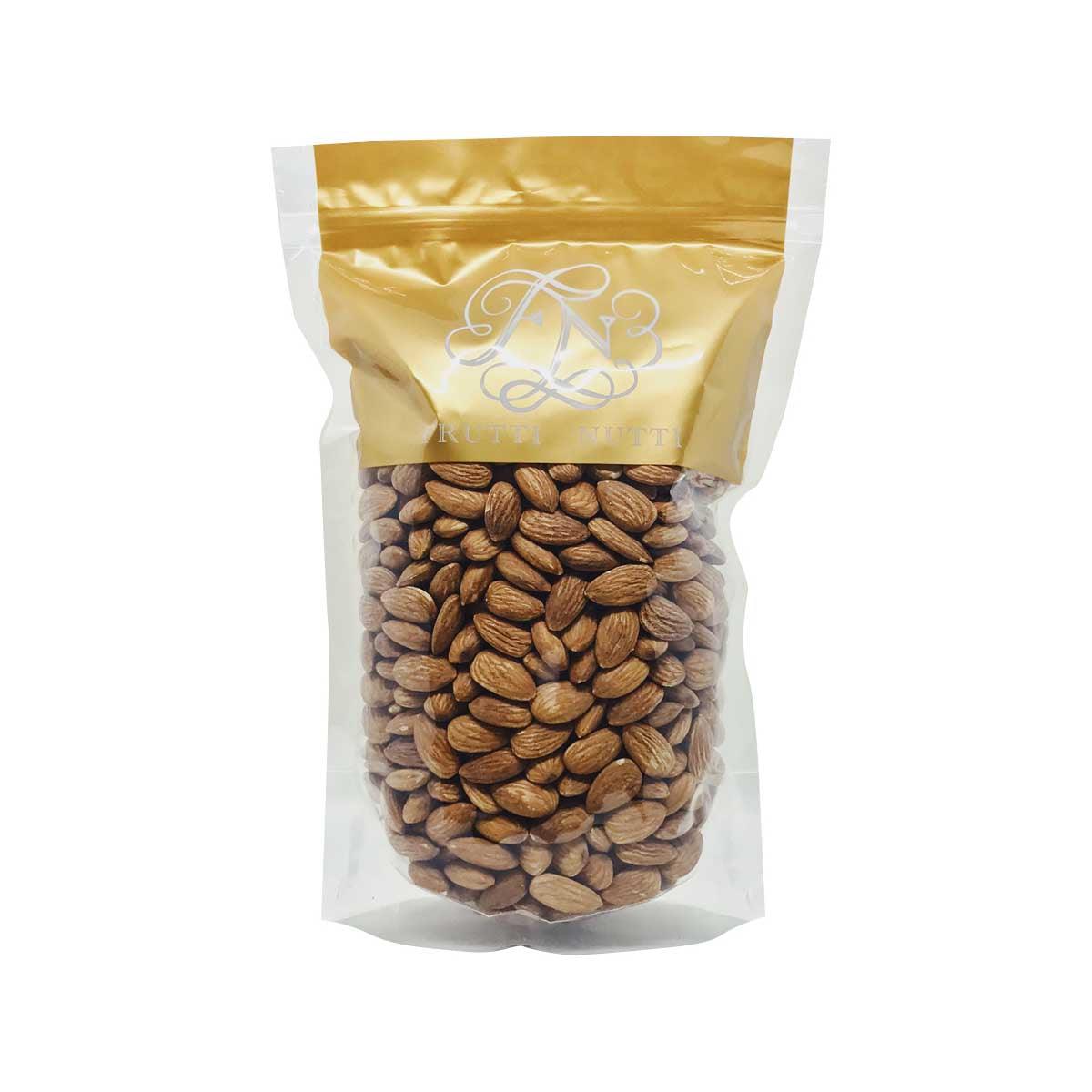 Roasted salted almonds in stand-up foil pouch, whole brown almonds visible