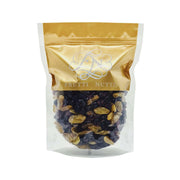 Dried berries mix in stand-up pouch, dark blue and golden dried fruit pieces