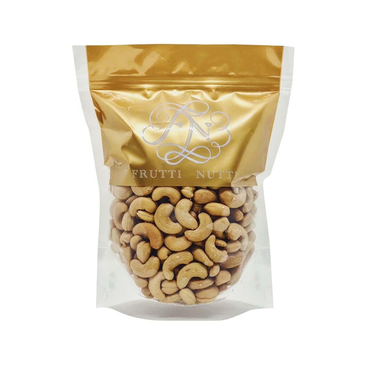 FRUTTI NUTTI roasted salted cashews in gold and clear stand-up pouch