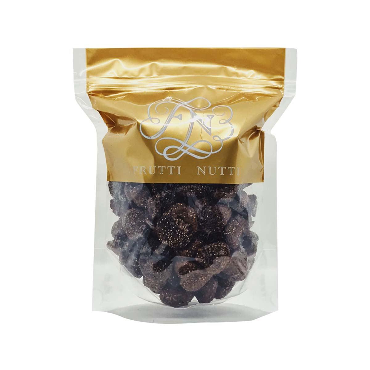 Dried strawberries in gold resealable pouch, dark berry slices