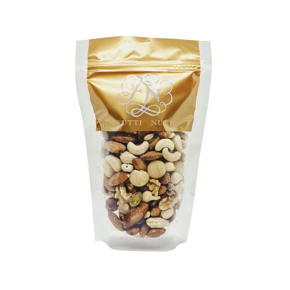 Mixed nuts in stand-up pouch with cashews, almonds, and walnuts