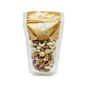 Mixed nuts in stand-up pouch with cashews, almonds, and walnuts