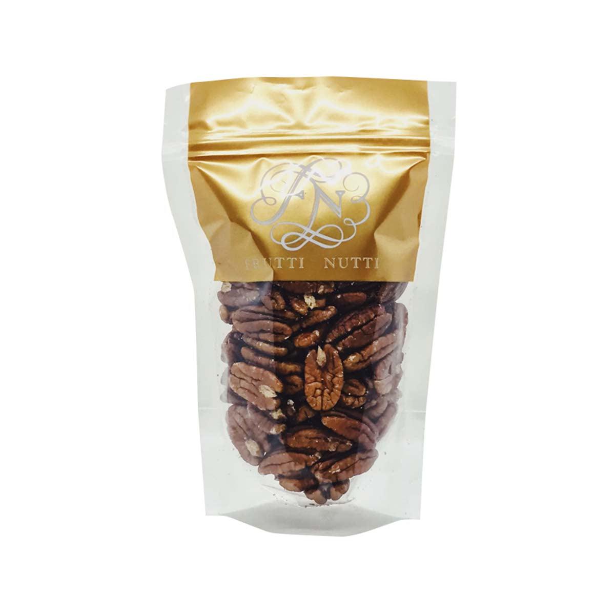 FRUTTI NUTTI pecan nuts in a stand-up gold and clear bag