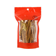 Radix Codonopsis root tea pack, tan cut roots in red resealable pouch