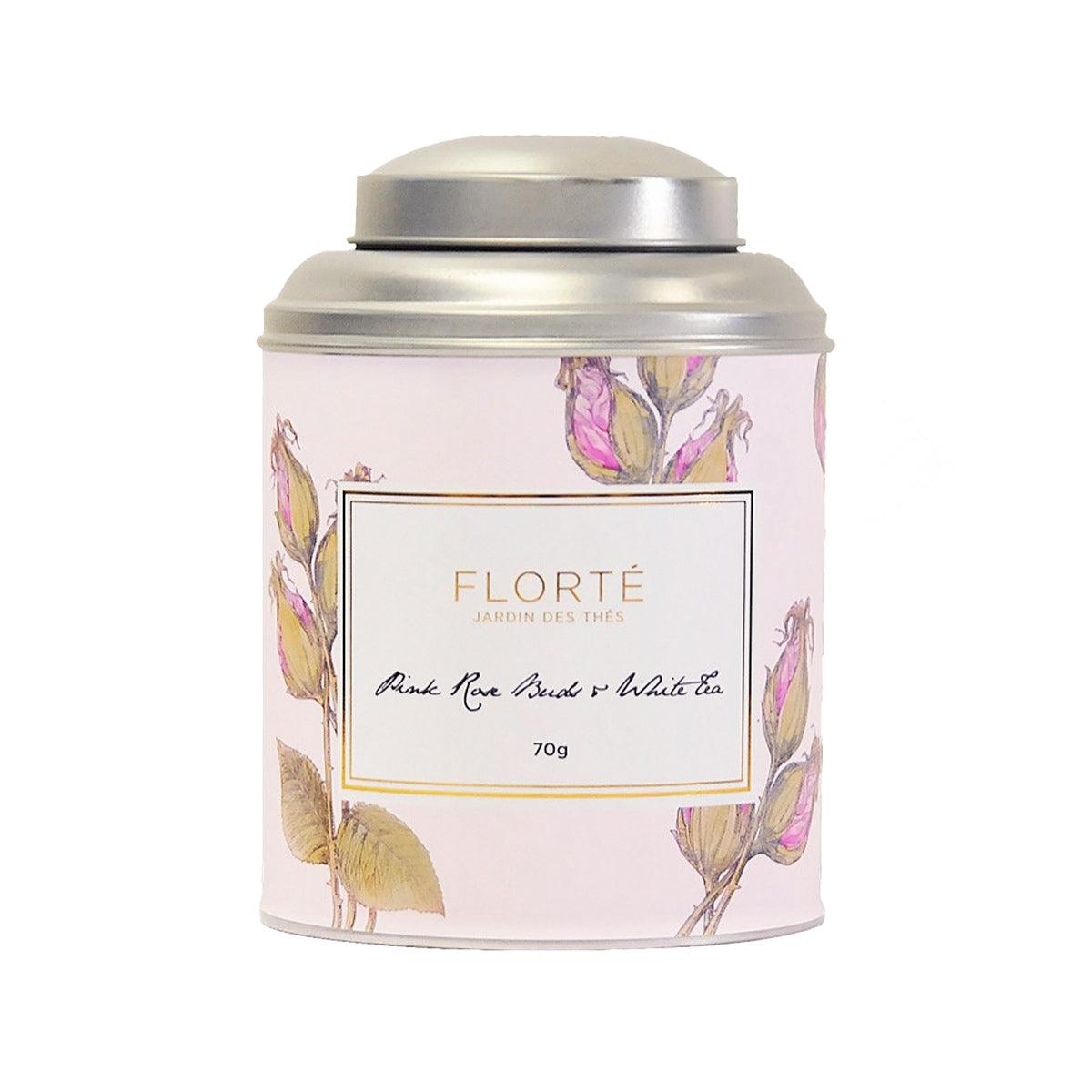 FLORTE tea tin with pink rose bud and white tea label, 70g