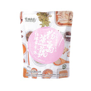 Vegetarian soup pouch with pink label and Asian food ingredients graphic, 500g pack