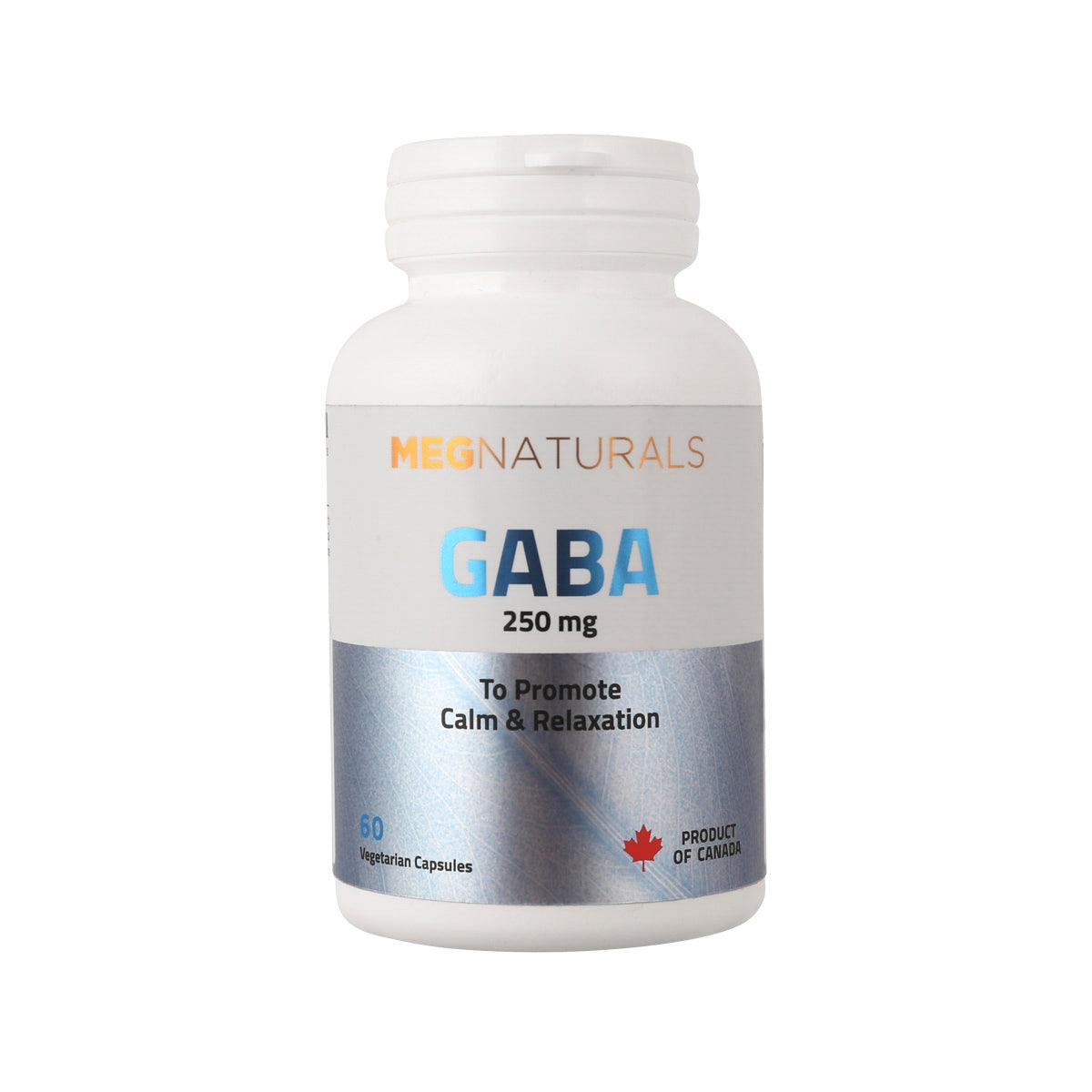 GABA 250 mg supplement bottle with white cap, 60 vegetarian capsules label