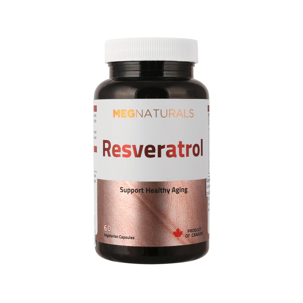 Resveratrol dietary supplement bottle, 60 vegetarian capsules, front label
