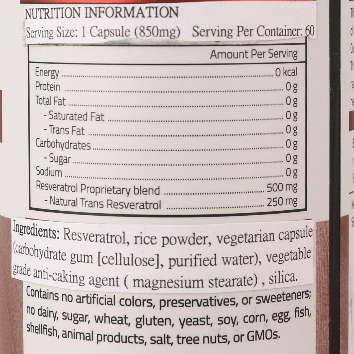 Nutrition facts panel for resveratrol capsules, serving size 1 capsule (850 mg)