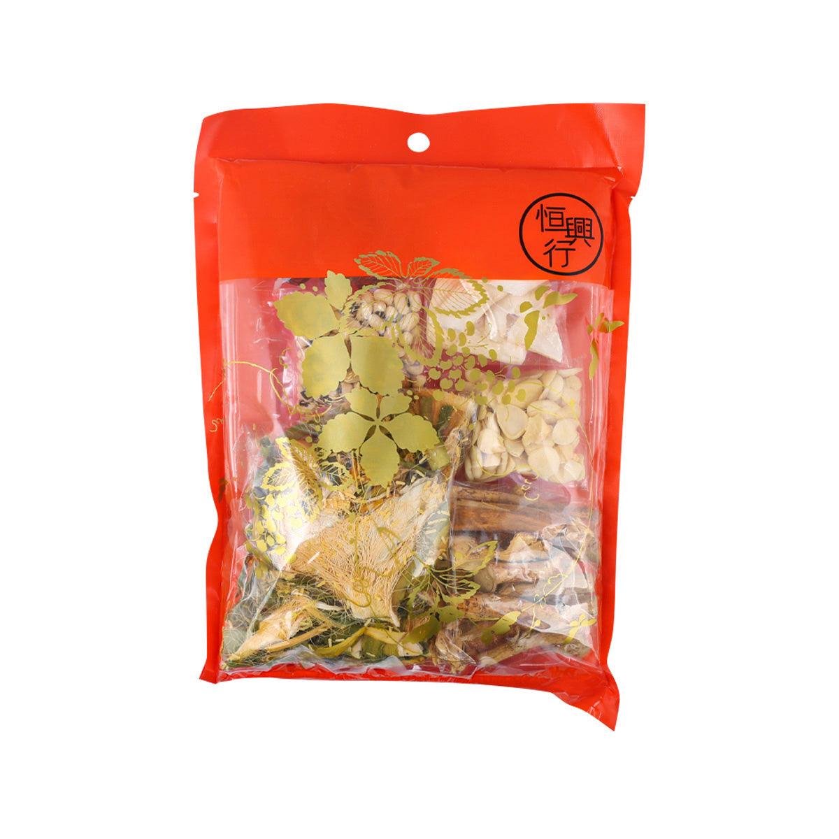 Liver cleansing soup pack in red pouch with clear window and dried herbs