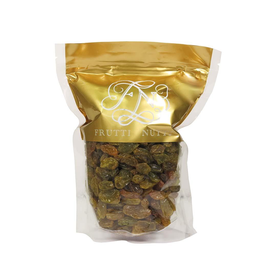 Golden jumbo raisins in a clear stand-up pouch with gold foil top