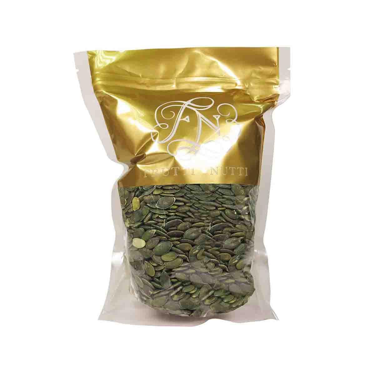 FRUTTI NUTTI pumpkin seeds in gold foil pouch, visible green shell seeds