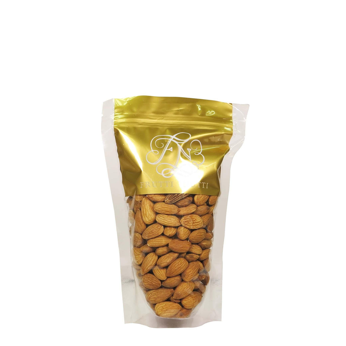Raw almonds in a stand-up pouch, golden top packaging with visible whole almonds