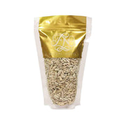 Sunflower seeds bag with foil top and beige seeds