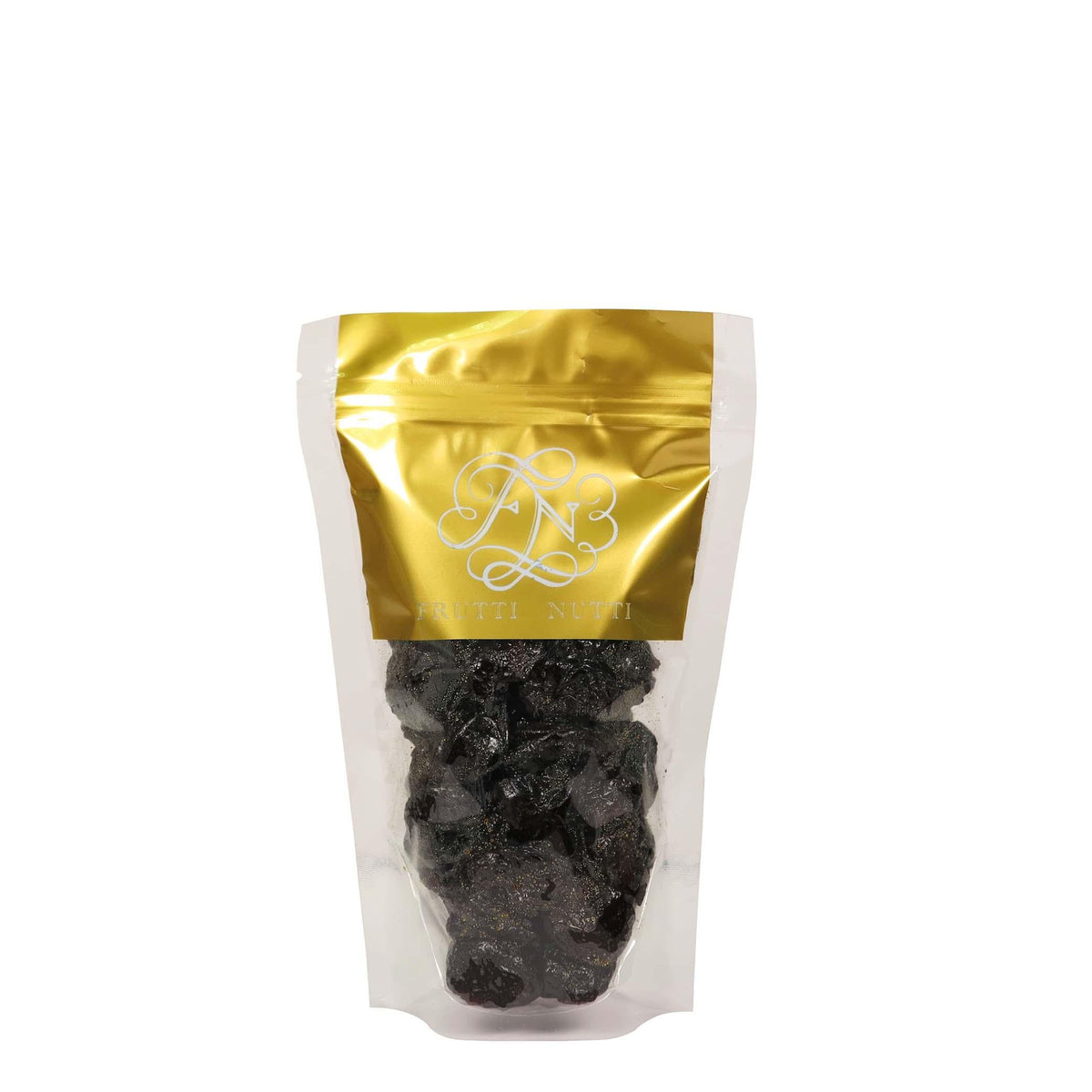 FRUTTI NUTTI dried prunes in resealable stand-up pouch, dark wrinkled fruit