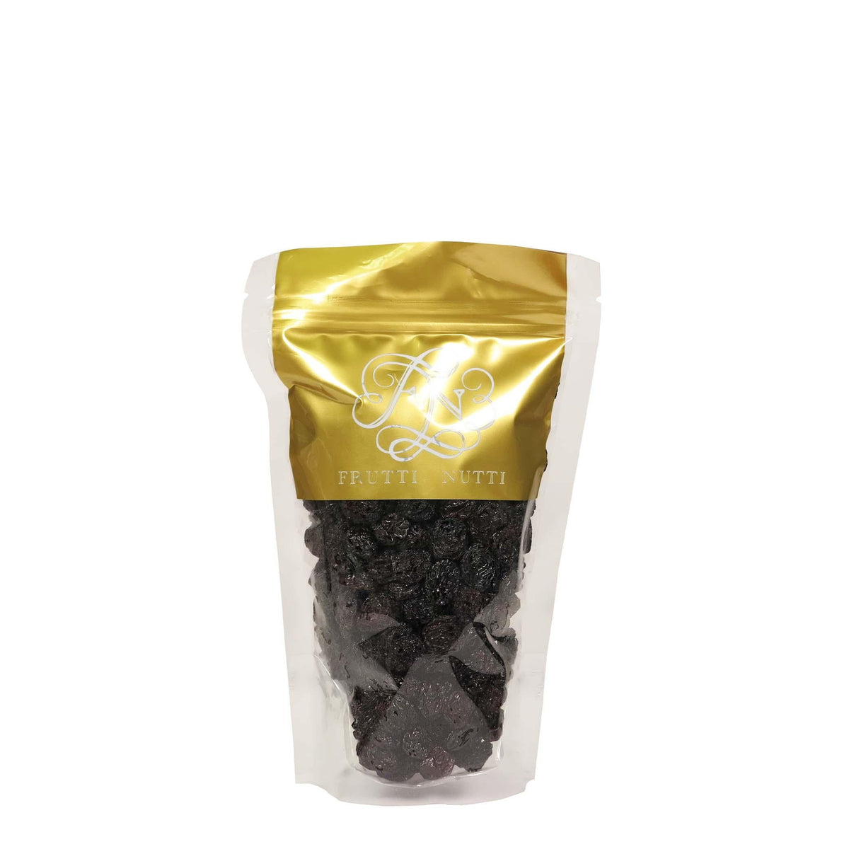 Flame jumbo raisins in gold and clear stand-up pouch, dark raisins visible