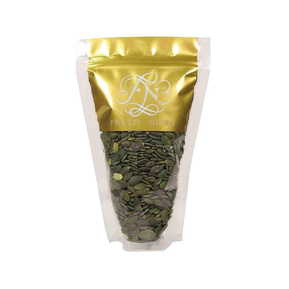 FRUTTI NUTTI pumpkin seeds pouch with gold top and green seeds inside