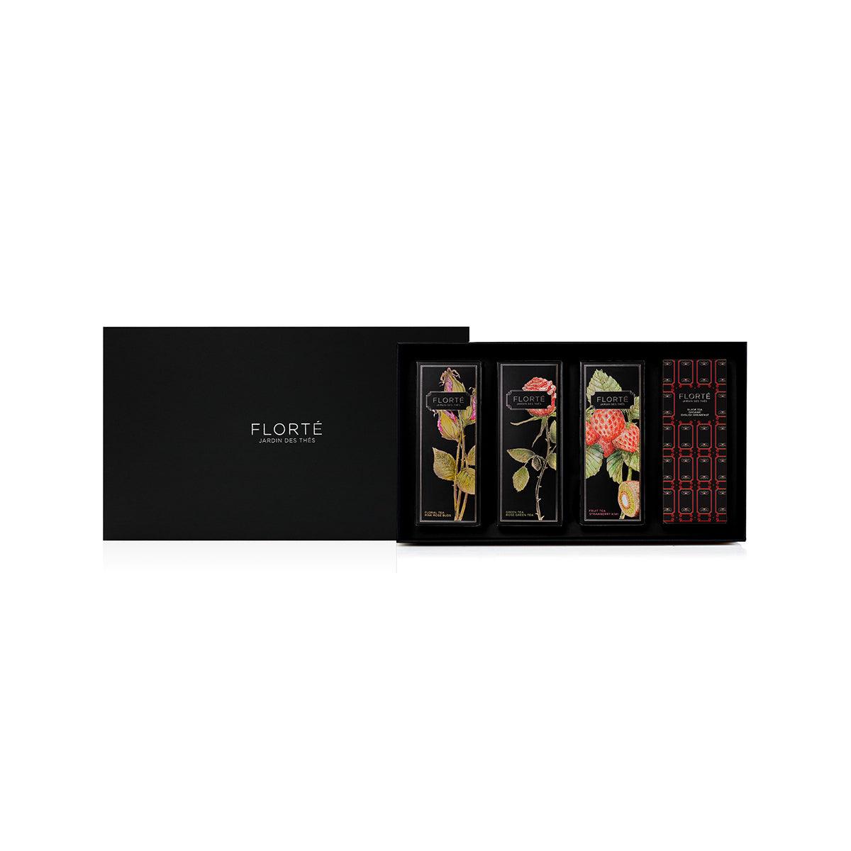 FLORTE four loose tea gift set in black box with four wrapped tea sachets