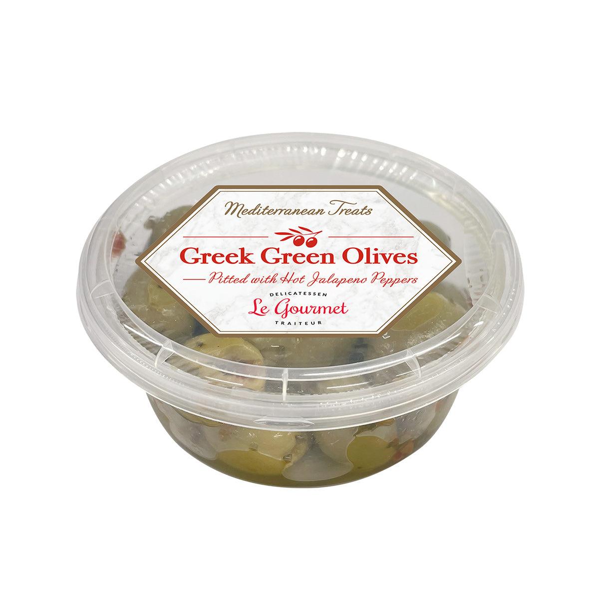 Plastic tub of pitted green olives with hot jalapeno pepper fillings
