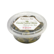 Pitted green olives with lemon thyme in clear plastic container, 150 g.